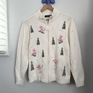 Vintage XL Ski Embroidered Full Zip Knit Cardigan Ivory Cabin Aspen Winter